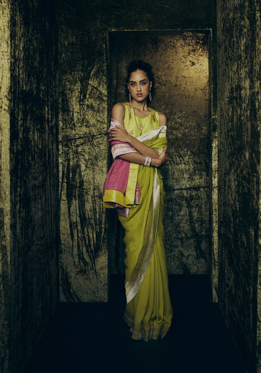 Vaidehi Saree Set in Chartreuse